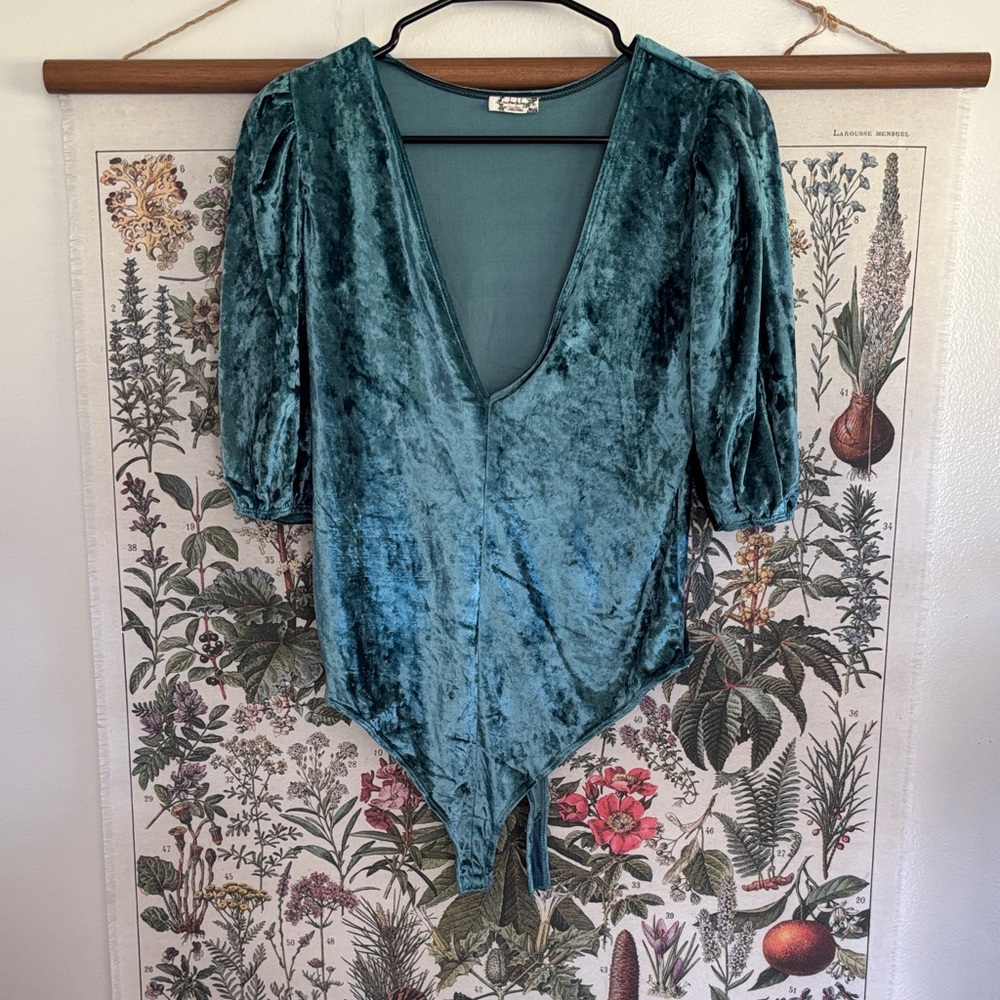 Free People Intimately Velour Deep V Bodysuit in Teal Medium